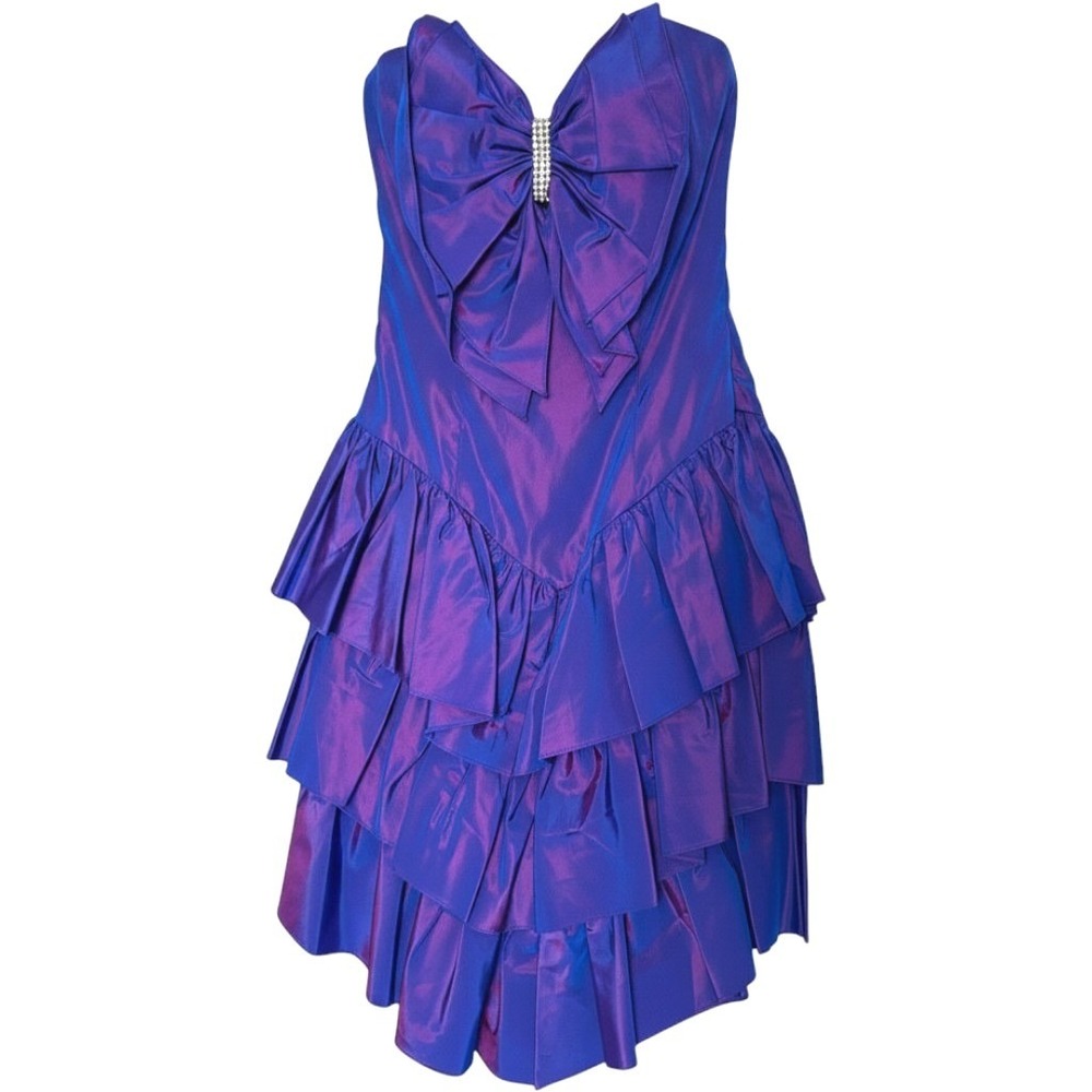 Vintage 80s Jolie Madame Dress Women 5/6 Blue Iridescent Strapless Ruffle Party